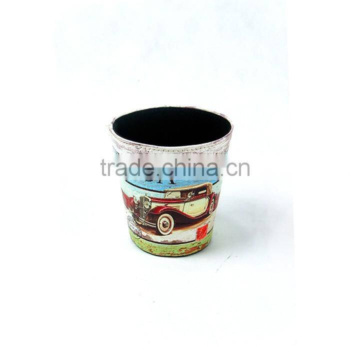 Car Print Dustbin Faux Leather Open Top Standing Trash Can