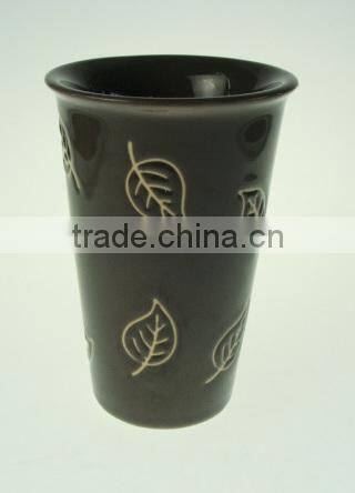 leaf design hand printing double wall ceramic mug with silicon lid