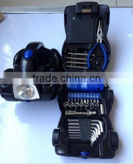 Promotional car shape 34pcs hand tools set/kit with LED light torch