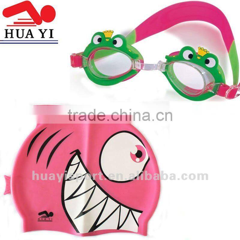 Children catoon cute cool silicone swim goggles and cap set