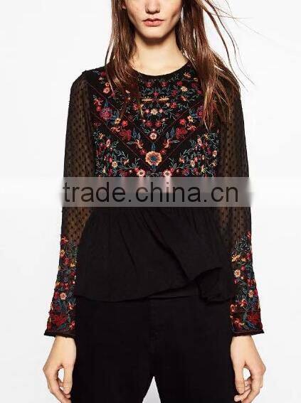 Runwaylover EY2364B Ladies Fashion 2017 Full Embroidery Chiffon Transparent Blouse