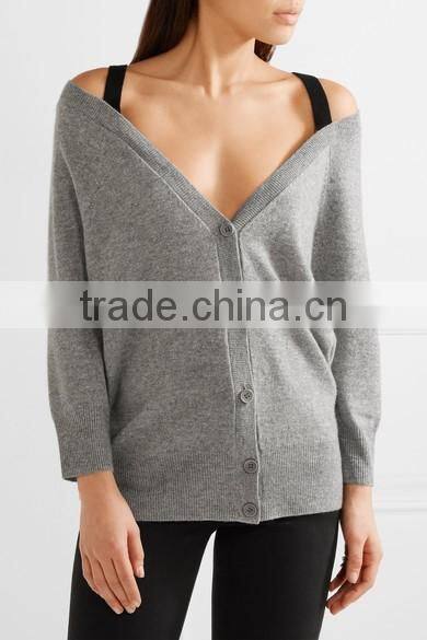 Custom Made Women Gray and Black Cashmere Off-Shoulder Cardigan with Black Shoulder Straps