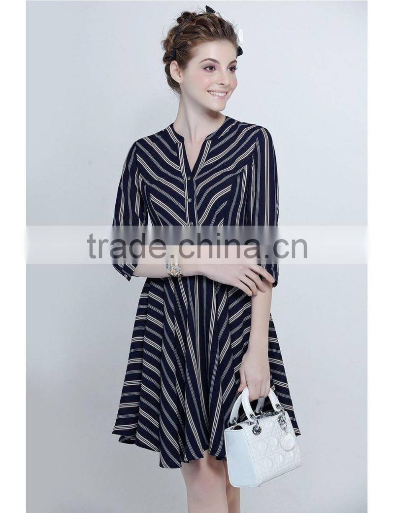 European style ladies spring v neck half sleeve strip dress