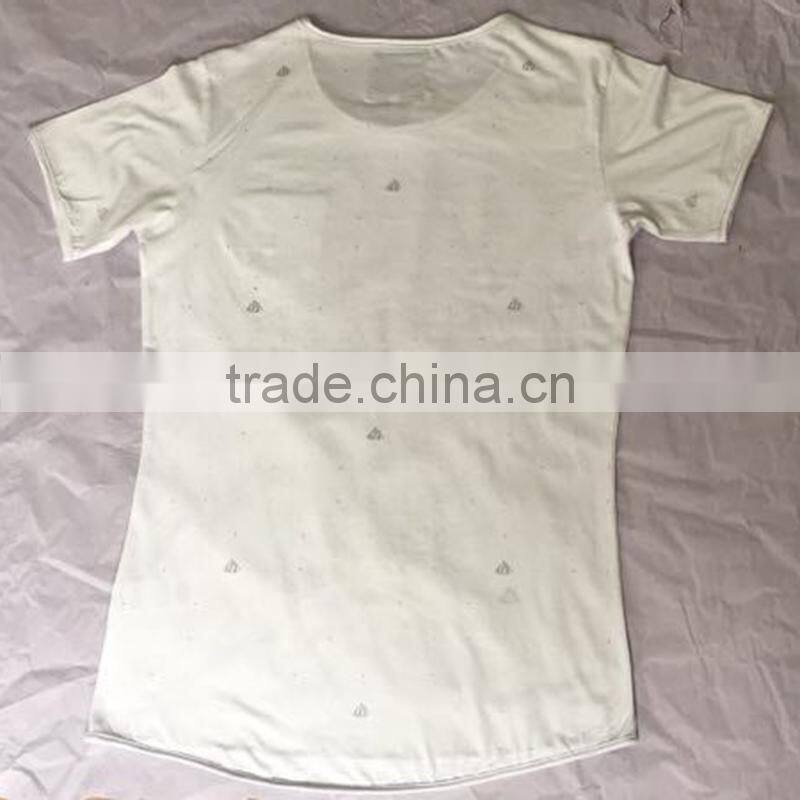 New Design Short Sleeve Raw Edged Printed White T Shirt for Men