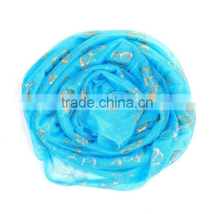Imitation Silk Scarves & Wraps Rectangle Golden Blue Butterfly Scarf Yiwu