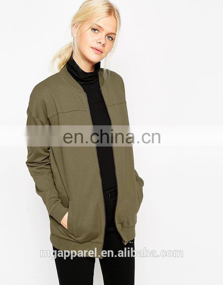 China custom bomber jacket long line cut cotton jersey women long bomber jacket