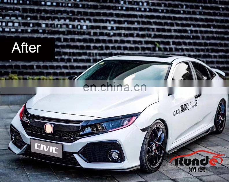 Runde PP Material Body Kit With Front Rear Bumper Grille Side Skirt Spoiler For 2016-2019 Honda Civic 10th Generation Bodykit