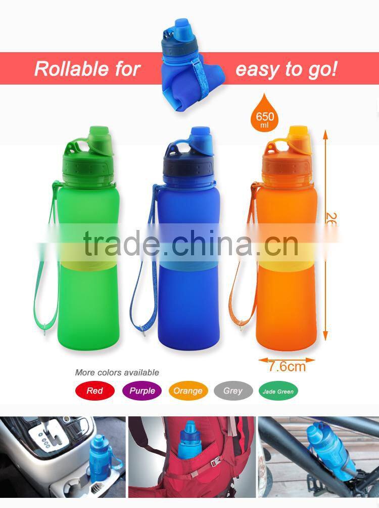New 650ml/22oz Collapsible, Rollable Silicone Water Bottle with Screw Cap, BPA Free, Up to LFGB Standard