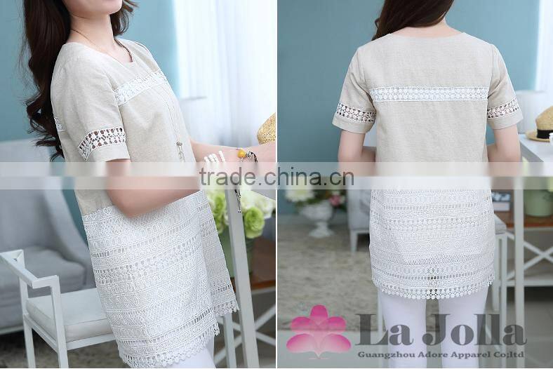 Ladies linen stitching lace hollow out see through blouse new style shirts for summer