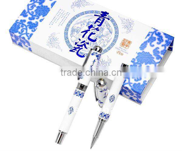 HOT! Porcelain White Blue Fountain Pen Chinese Culture Dragons Phoenix 18kgp Nib M with Push in Style Ink Converter(free sample)