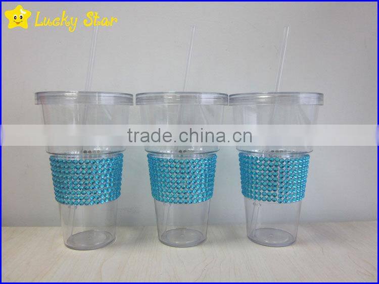 BPA free Plastic sinlge wall 32 oz acrylic tumbler with straw and diamond sleee as gifts FDA standard