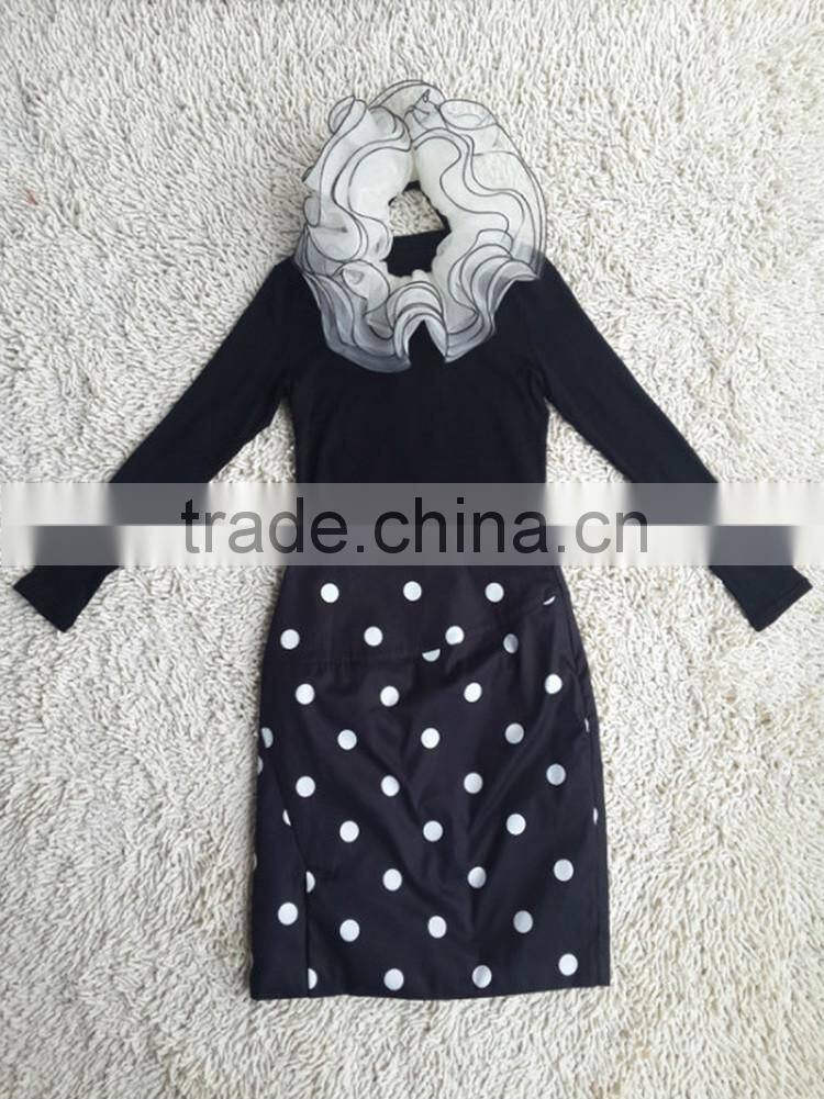 Hot selling 2014 Newest elegant black long sleeve slim tops+dot printed pakage hip skirt designer inspired dress with puff neck
