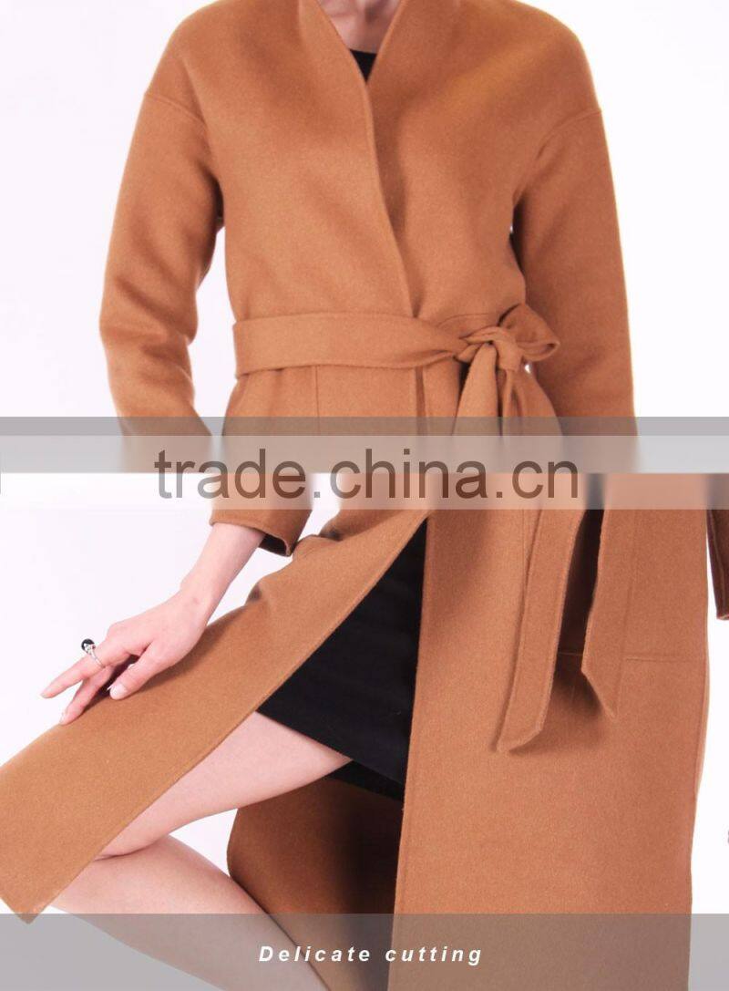 2016 New Design Spring Women Length Slim Fit Wool Trench Coat With Belt