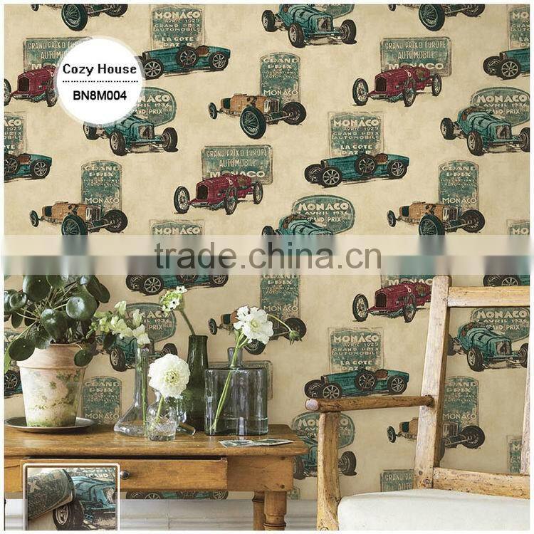 hot printing pvc wallpaper, yellow for kids cars wall mural for kids room , creative wallcovering shop