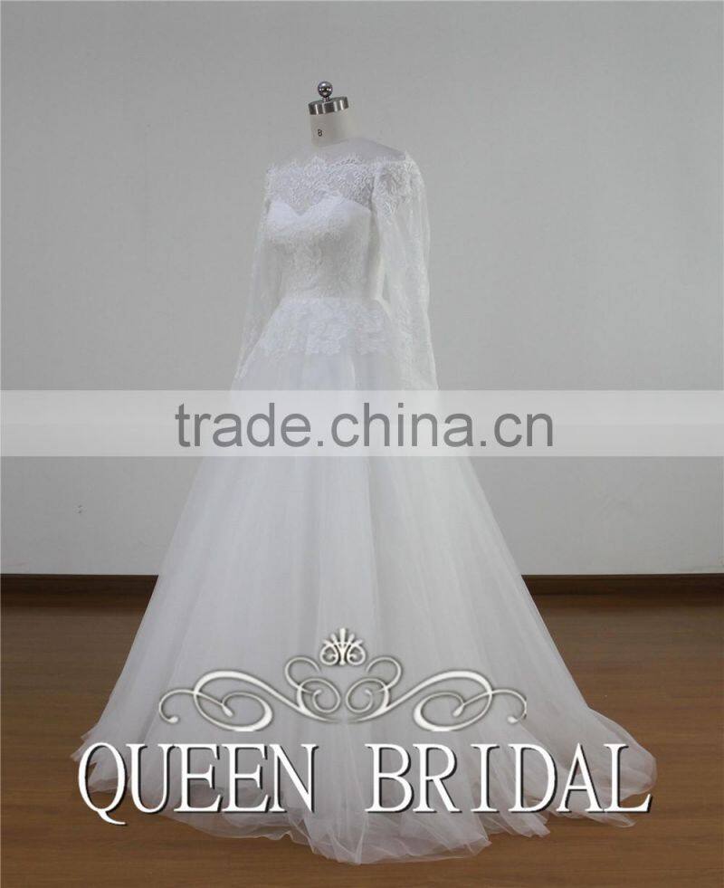 Ball Gown Appliqued Lace Boat Neck Wedding Dress Long Sleeve