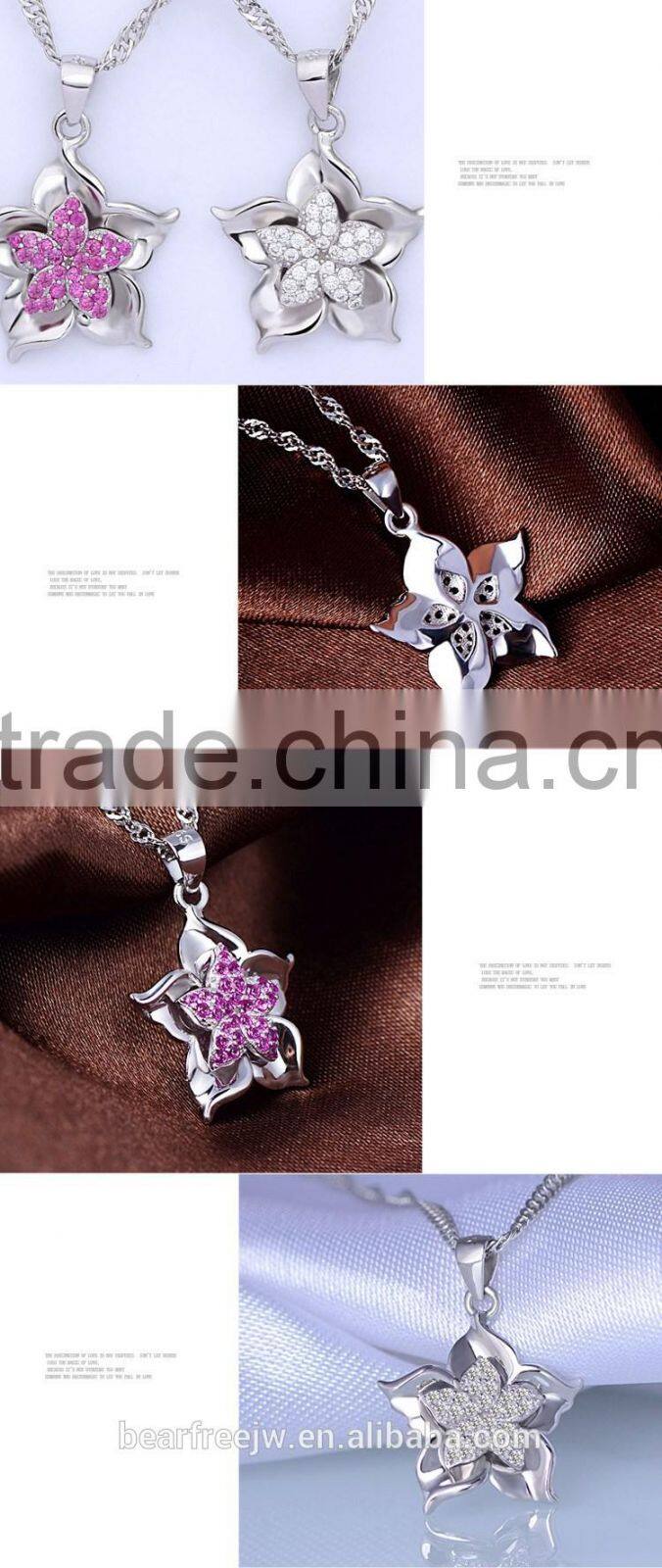 925 Sterling Silver White Gold Plated Pink Clear Cubic Zirconia Bauhinia Flower Pendants for Necklaces Women's Jewelry
