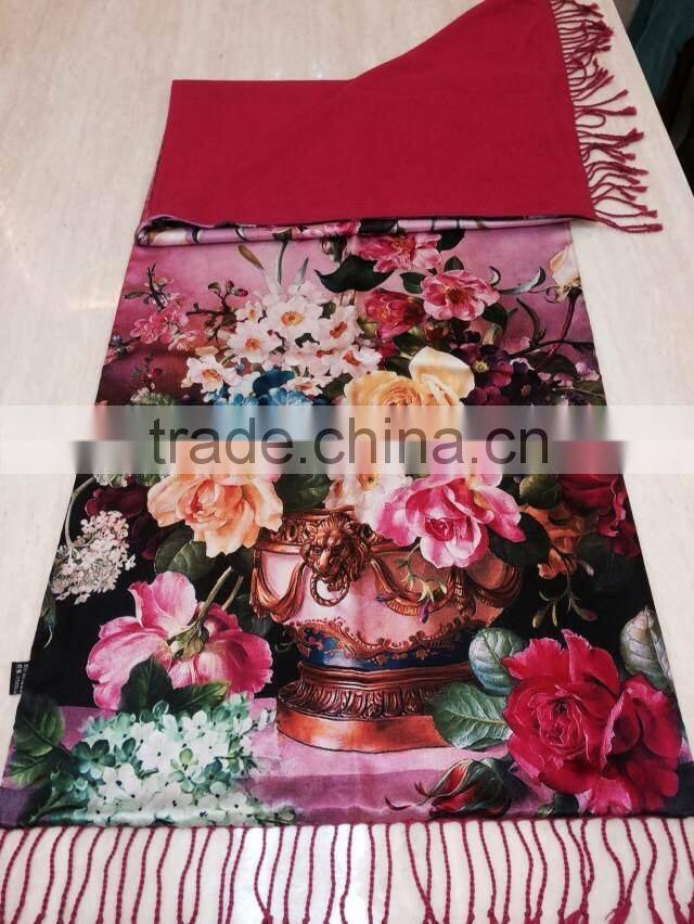 retail luxury gorgeous design high quality 100% silk cashmere attractive flower oil painting digital printed scarf
