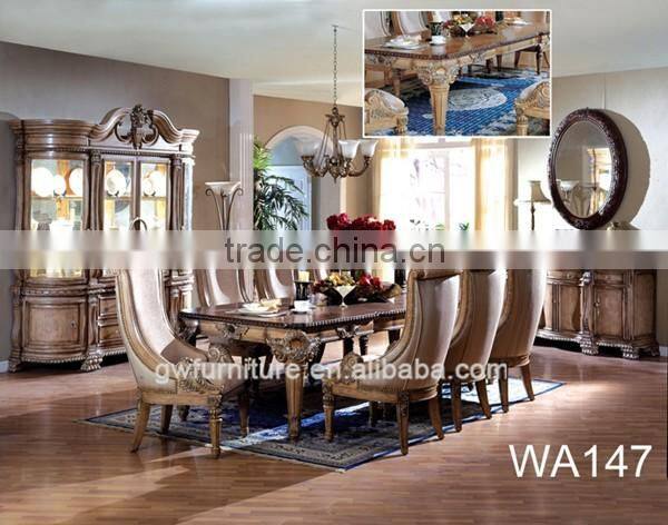 Luxury european handmade long square 6seater marble top dining table and chair pure wood designs WA147