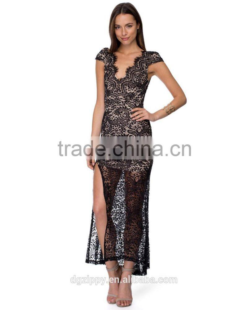 2016 Women lace design all night dance dress/Side split latest night dress/Ladies western style prom dress