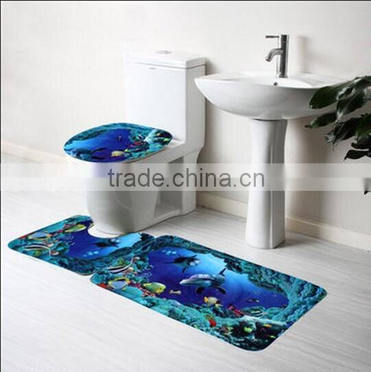 3pcs Blue Ocean Bath Rugs Set / Toilet Seat Cover Carpet / bathroom mat