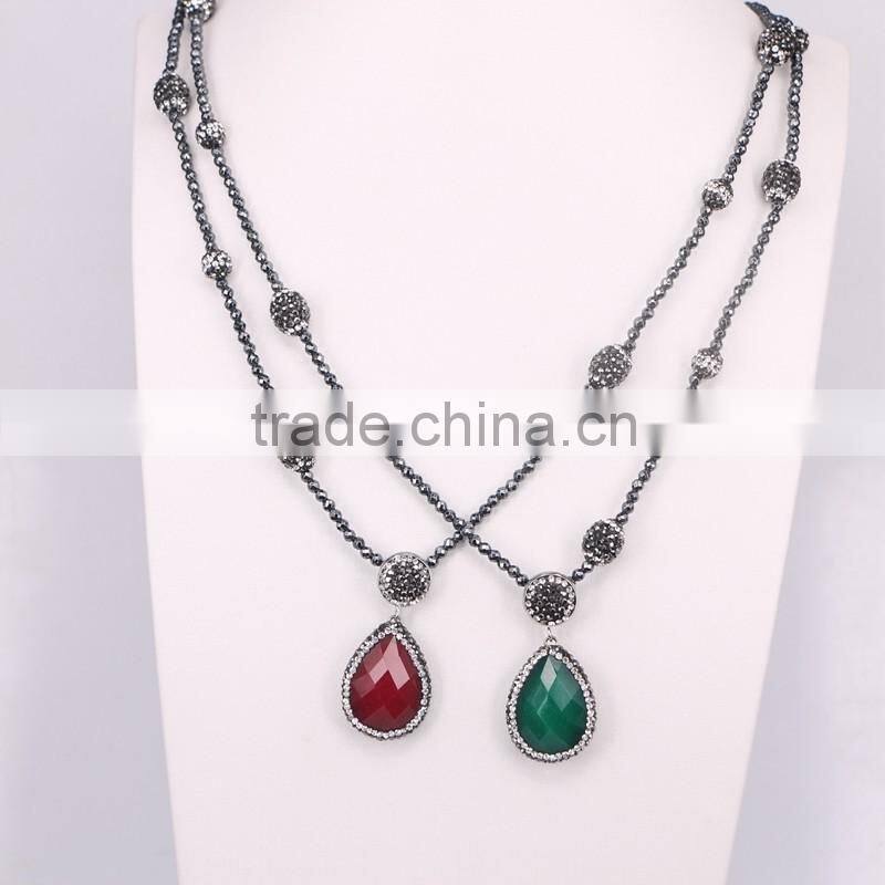 Pave Crystal Beads Hematite Beaded Necklace, Waterdrop Gem Stone Pendant Necklace