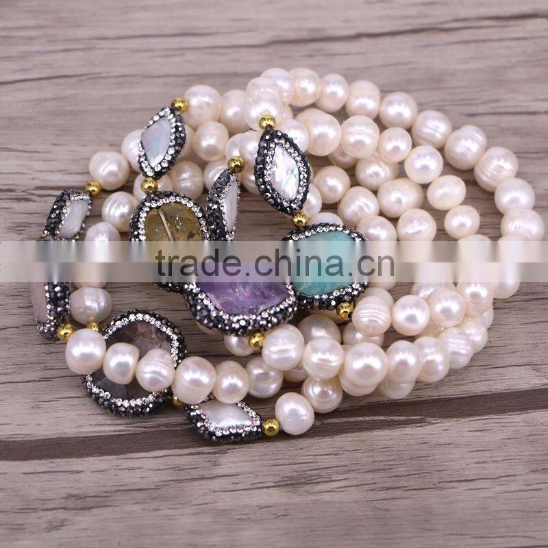 Freshwater Pearl Beads with Rhinestone Crystal Gemstone Connector Spacer Beads Bracelets, Pearl Jewelry Druzy Bracelet
