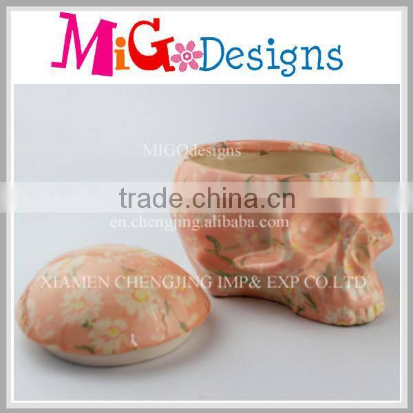 White Ceramic Skull Pot Without Lid Cute Paint OEM
