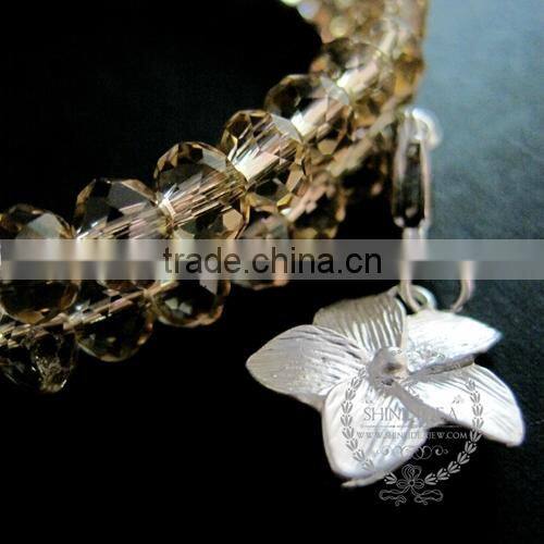 silver flower charm purple,champagne colour crystal faceted glass beads 2 layers wiring bangle fashion bracelet 6490053