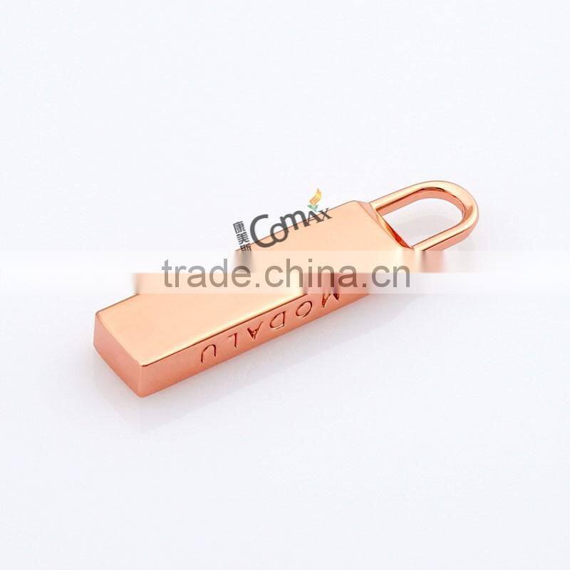 Lead free custom metal zipper puller in rose gold color for wallet