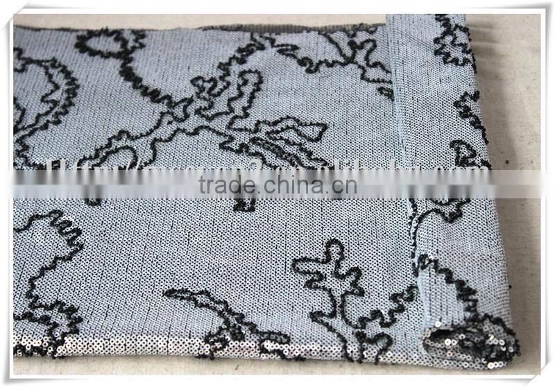 Wholesale newest silver sequin upholstery fabric with black beads for home textile