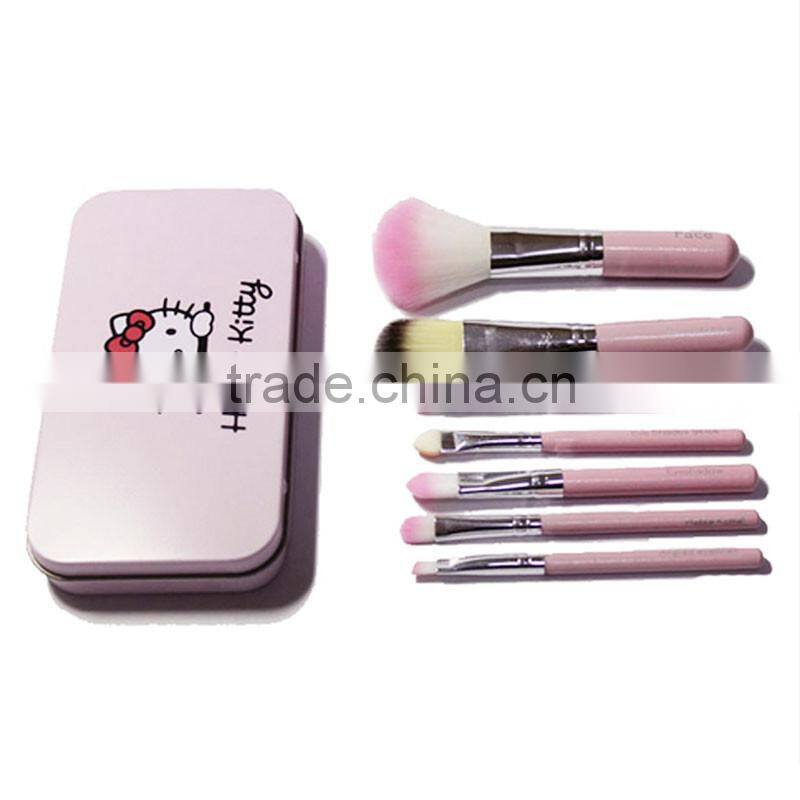 Hot sell professional 7pcs per set hello kitty makeup brushes pink wood handle synthetic hair make up brush set