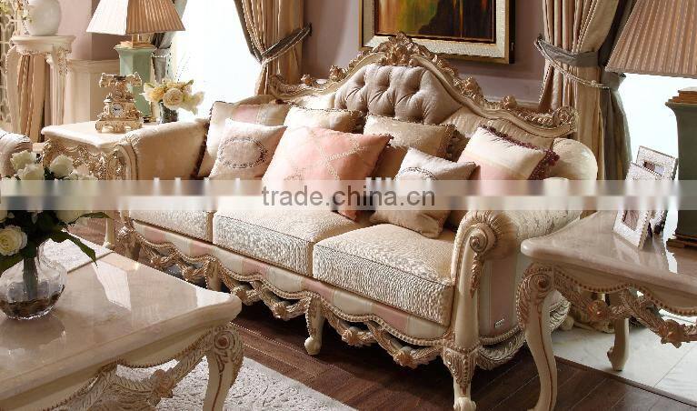 Luxury solid wood home furniture flower carving fabrice sofa set
