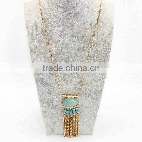 Elegant Green Gemstone Turquoise Necklace With Tassel Chain