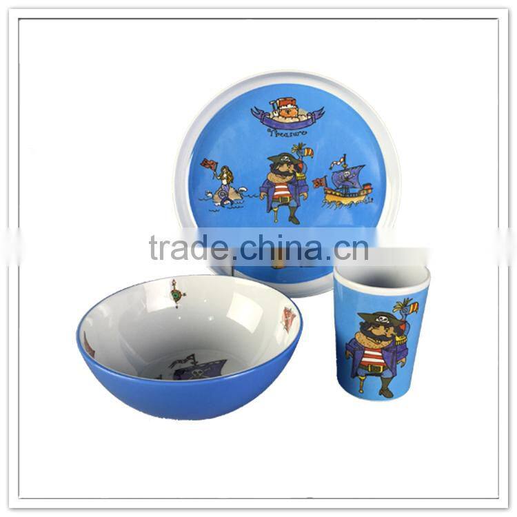 Food grade chiildren safe hot selling unbreakable pirate printing melamine children set, plastic kids dinnerware set