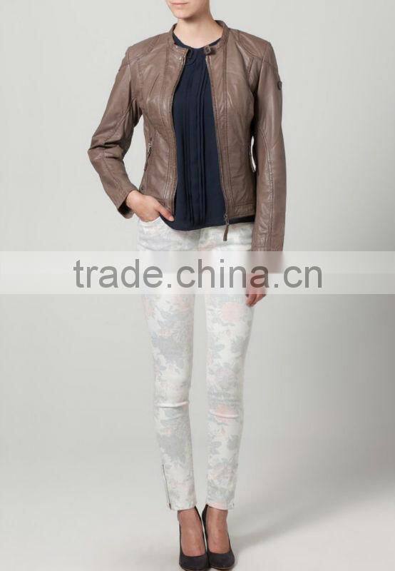 ALIKE spring pu leather trim jacket for women