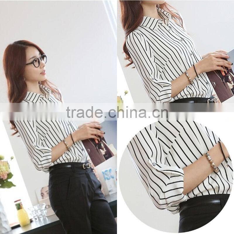 SZXX Hot Wholesale Womens Lady Stripes Long Sleeve Casual Blouse