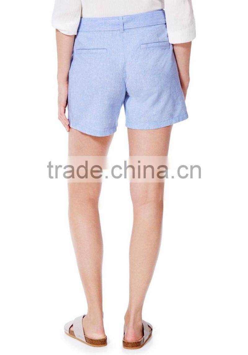 Wholesale women clothes summer casual belted cotton chambray shorts