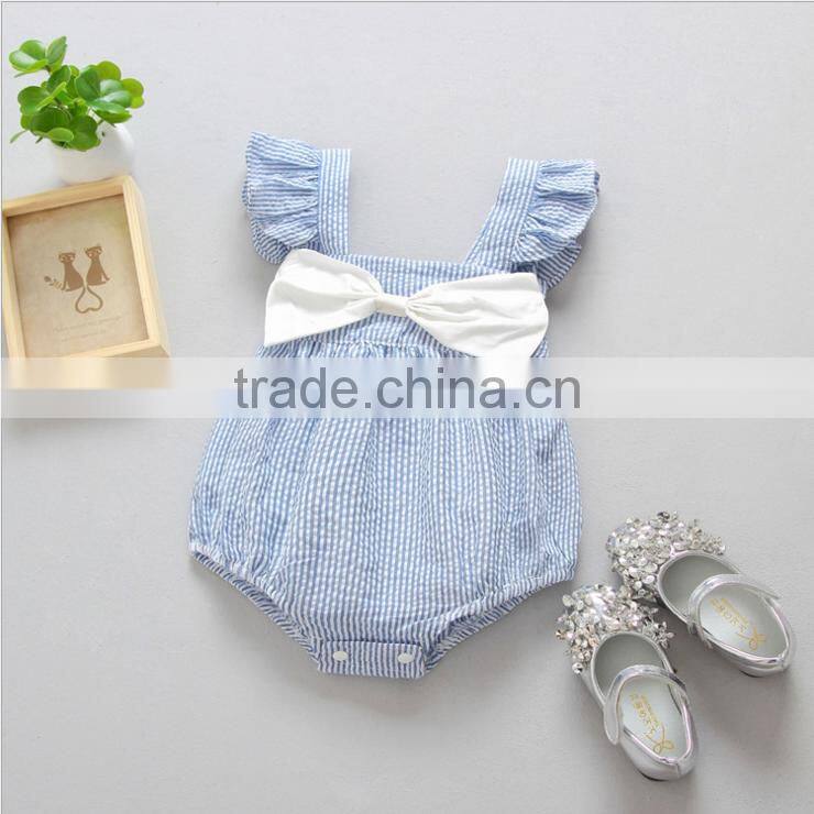 Summer Baby Wear Clothes Toddler Seersucker Jumpsuit Infant Girls Ruffle Sleeve Romper With White Bow