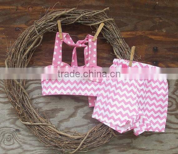 Fancy chevron swimsuit pink clothing set polka dot strapes girl summer swim wear