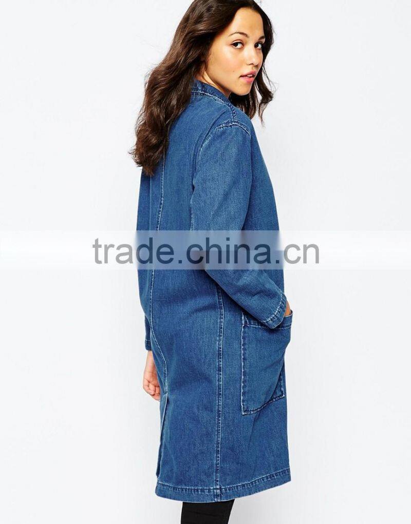 Hot sale unlined denim coat fashion point collar non stretch women coat 2015