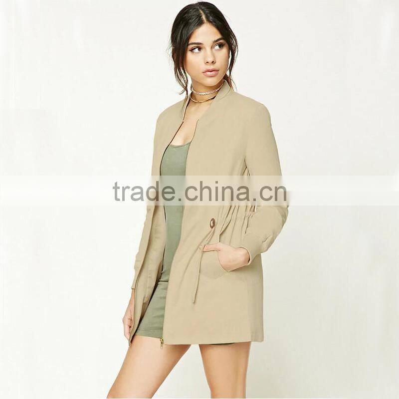 Open front longline flat collar ribbed trim belted waist womens online jackets