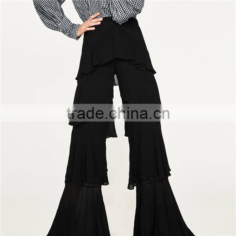 2017 spring womens elegant fancy side zip off frilled long dress pants