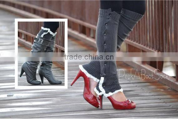 2016 winter Christmas New Knitting Buttons Lace Boot Liner Acrylic Length Socks thermal women