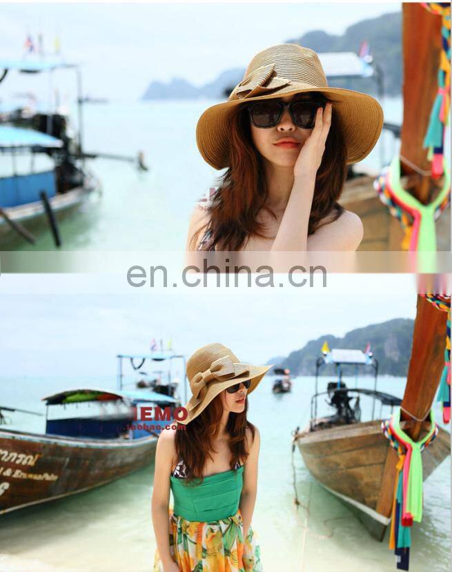Korean Summer Bowknot Straw Hat Sandbeach Large Brimmed Hat Topee