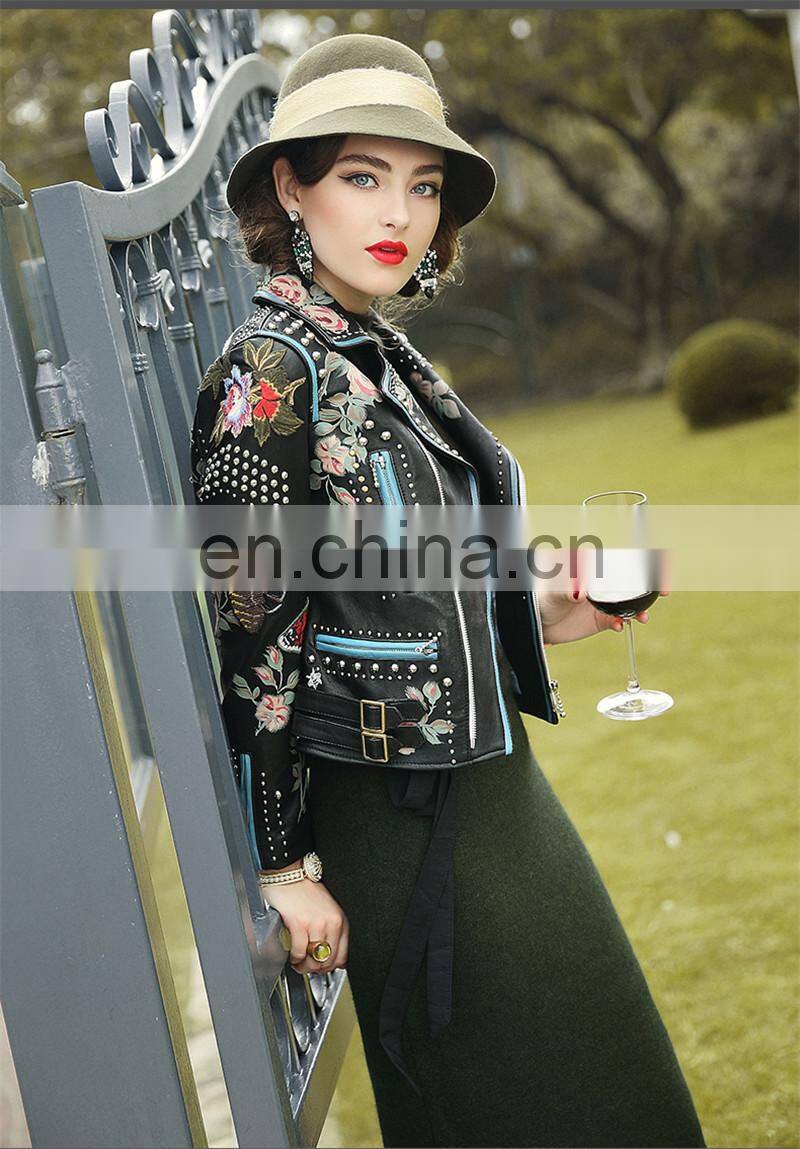 New Arrival Embroidery Leather Jacket for Women Real Motorcycle Leather Jacket