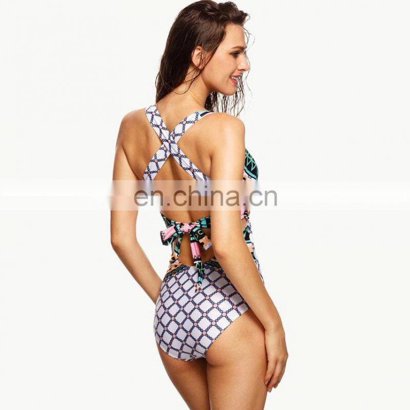 China swimsuit manufacturer push up bathing suits multicolor geo print cutout criss cross monokini