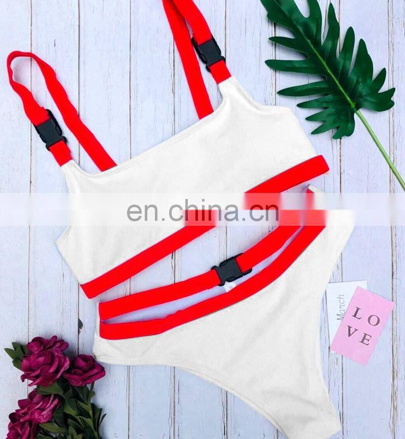 RST new fashion style ribbed high waist bikini custom logo bikinis 2020 women swimwear beachwear buckle swimwear