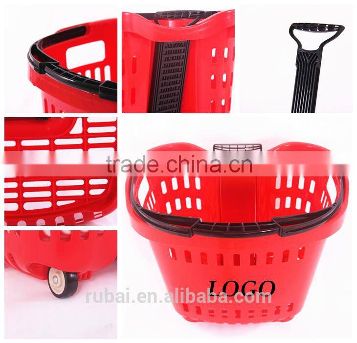 Retail grocery plastic shopping baskets with wheels