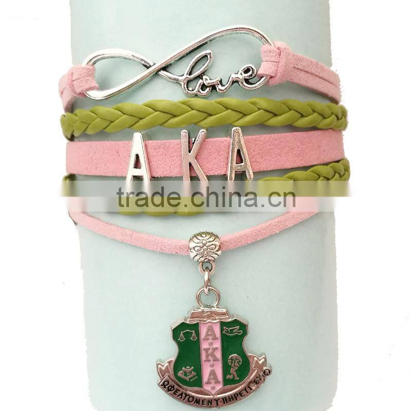 Newest AKA Wrap Bracelet Leaf Alpha Kappaa Alpha AKA Heart Pink Green Custom leather bracelet