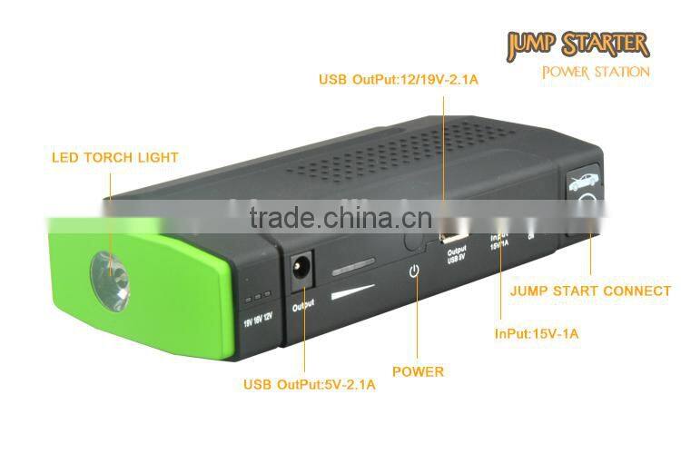 Compact car jump starter with Ultra-bright LED flash light and charging adapters